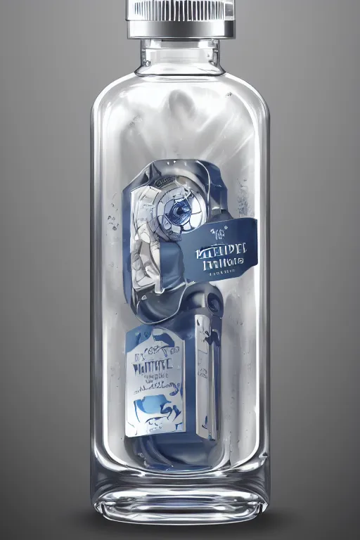 Image similar to concept art of a patek philippe white dietary supplement in a transparent bottle with big black sticker on it by aenaluck, artgerm and roberto ferri and greg rutkowski, blue and white tones, digital painting, artstation, concept art, smooth, sharp foccus ilustration hq