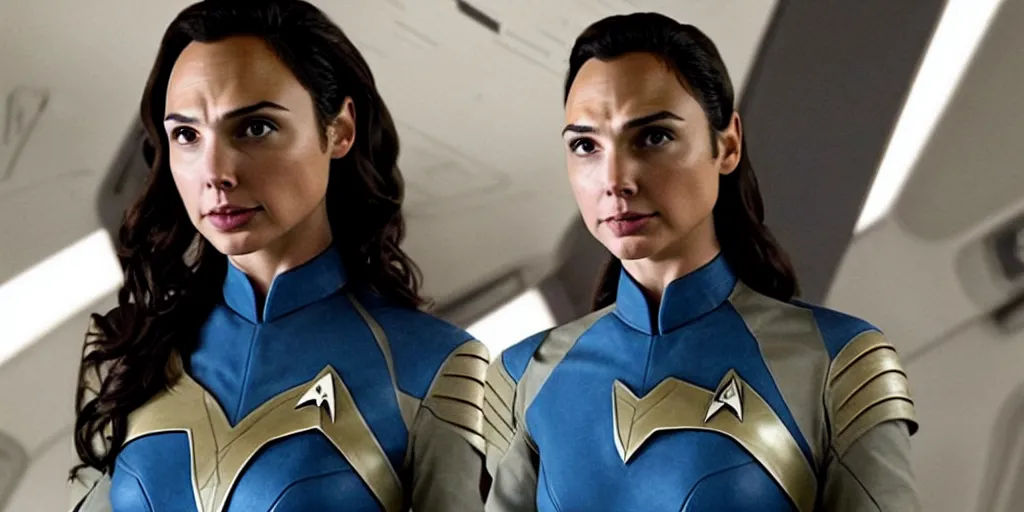 Image similar to gal gadot, in full starfleet uniform, is the captain of the starship enterprise in the new star trek movie