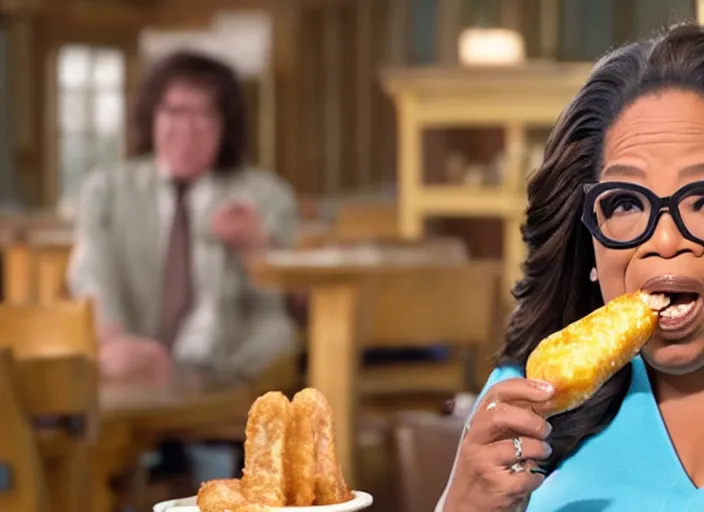 Image similar to film still of Oprah eating a corndog in the new Willow movie, 4k