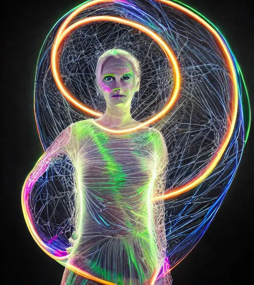 Prompt: lightpainting luminescent portrait, diffuse luminescent lightpainting, intricate halo wiccan luminescent lightpainting, elegant light, highly detailed zen neon, lifelike, fully photorealistic, artstation, luminescent concept art, smoothened, sharp luminescent focus, luminescent art by john collier, michael bosanko