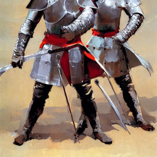 Image similar to portrait of men wearing gambeson and medieval helmets, clashing swords, detailed by greg manchess, craig mullins, bernie fuchs, walter everett