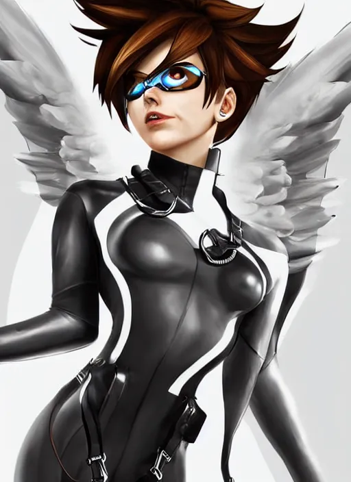 Prompt: portrait digital artwork of tracer overwatch, wearing white latex and leather straps catsuit outfit, in style of mark arian, angel wings, dramatic painting, wearing detailed leather collar, chains, black harness, detailed face and eyes,