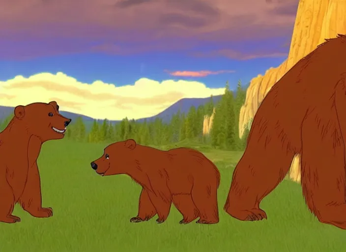 Prompt: screenshot from disney’s ‘Brother Bear’ (2003), iconic scene, HD remaster, Disney, highly detailed, high quality, beautiful scenery, brown bear, Kodak bears, Disney cartoon, film still