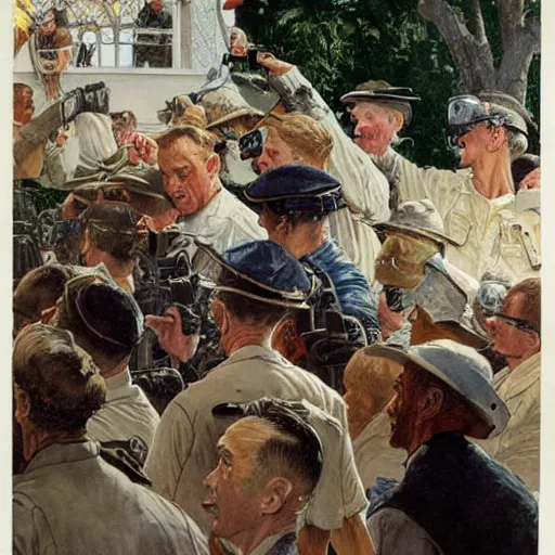 Image similar to norman rockwell painting of the fbi raiding mar - a - lago, highly detailed award winning painting,