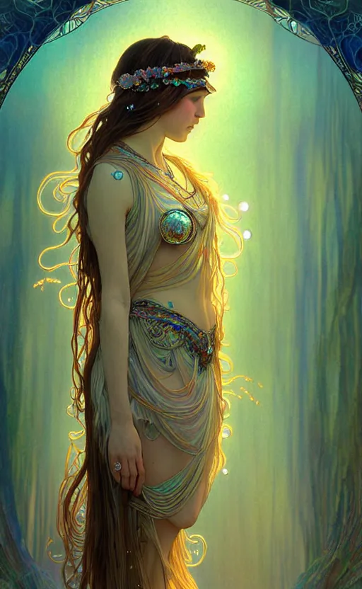 Prompt: ancient greek and gypsy and druid culture crossover, female, ecopunk art nouveau architecture, iridescent and opalescent, twilight, refractive crystal, elegant, feather hair ornaments, highly detailed, digital painting, glowing particles, misty, cinematic lighting, smooth, sharp focus, art by nixeu, by wlop, by alphonse mucha.