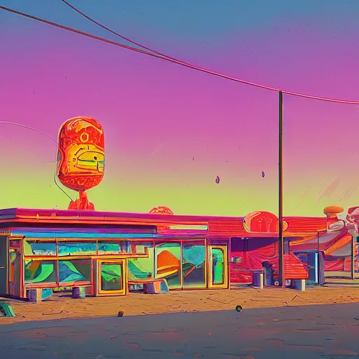 Image similar to psychedelic beachfront fast food restaurant by simon stalenhag