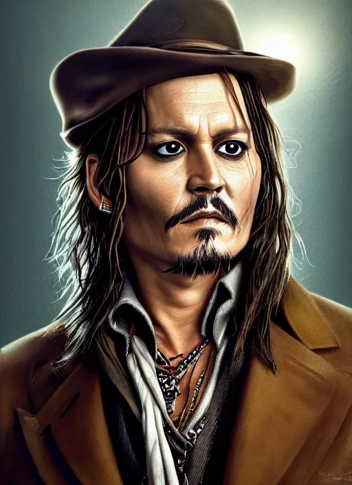 Prompt: portait of Johnny Depp, sharp focus, illustation, stunning lighting, realistic character concept, light atmosphere, golden ration, cinematic lighting, high resolution, insanely detailed and intricate, art by Hayao Miyazaki and Matt Groening, 8k