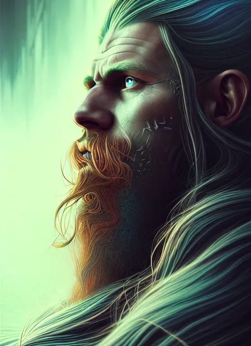 Image similar to overlord, psychedelic flowing hair, viking, portrait, highly detailed, deep focus, elegant, digital painting, smooth, sharp focus, illustration, ultra realistic, 8 k, art by wlop