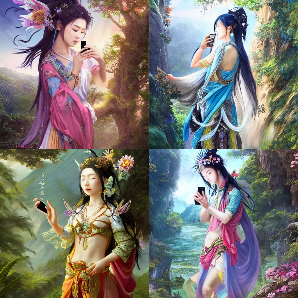 Prompt: nature goddess checking her phone, art by huang guangjian