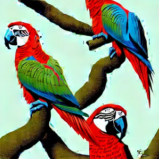 Image similar to parrots playing with one another wide angle shot, white background, vector art, illustration by frank frazetta