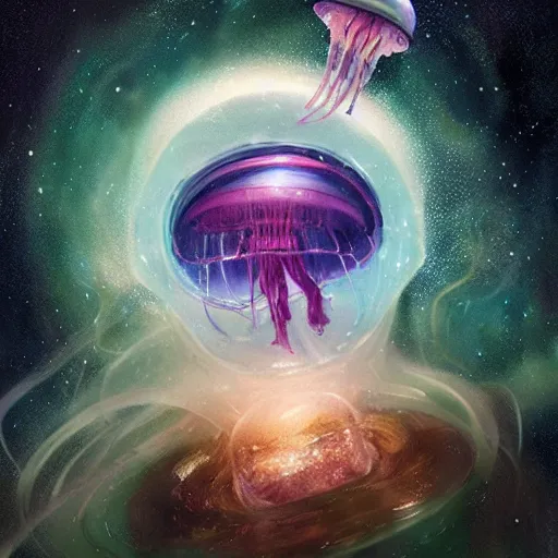 Prompt: a hyperrealistic illustration of a jellyfish in space, visible inside is a city with lights, award-winning, masterpiece, in the style of Tom Bagshaw, Cedric Peyravernay, Peter Mohrbacher