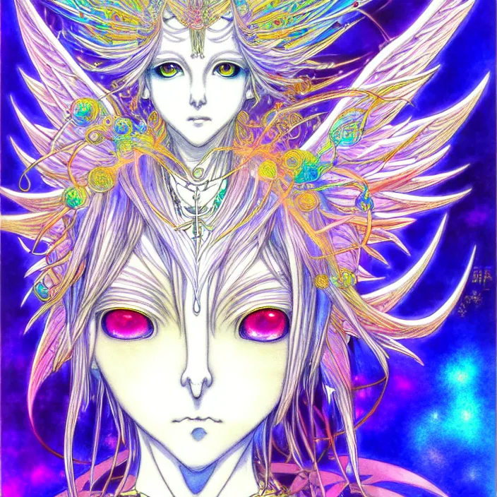 Image similar to stylized art of an psychedelic angelic celestial being by yoshitaka amano, trending on pixiv, anime style, winged head, white gold skin, ayahuasca, sacred geometry, esoteric art, watercolor