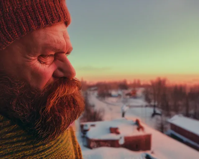 Prompt: lomographic tarkovsky film still of 4 0 years russian man with beard and sweater standing on small hrushevka 9 th floor balcony full with cigarette smoke in winter taiga looking at sunset, cinestill, bokeh