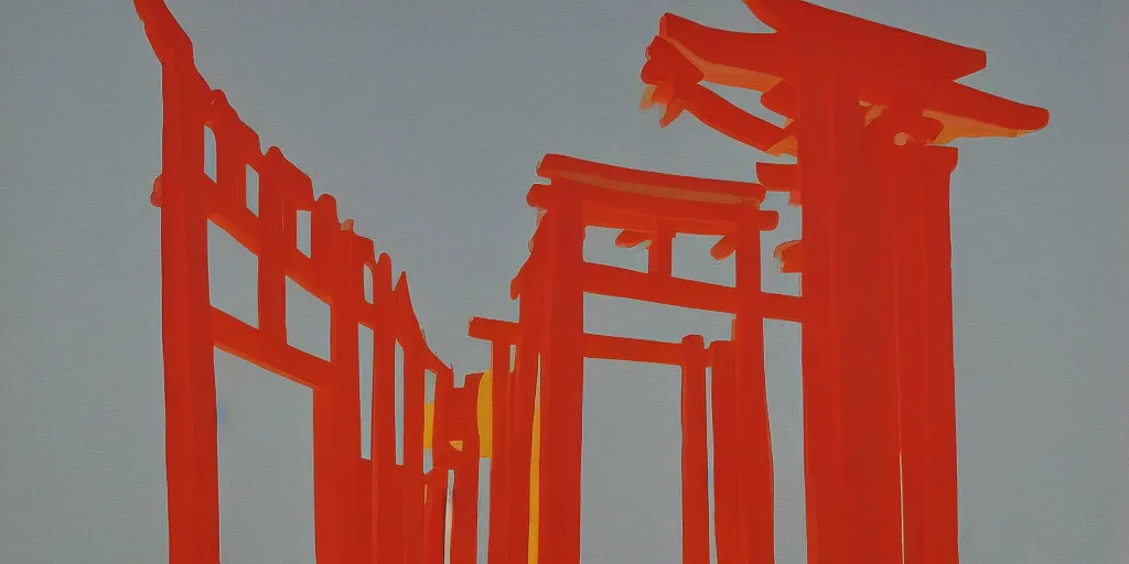 Image similar to Yellow school bus, a red japanese Torii gate by Victor Vasarely
