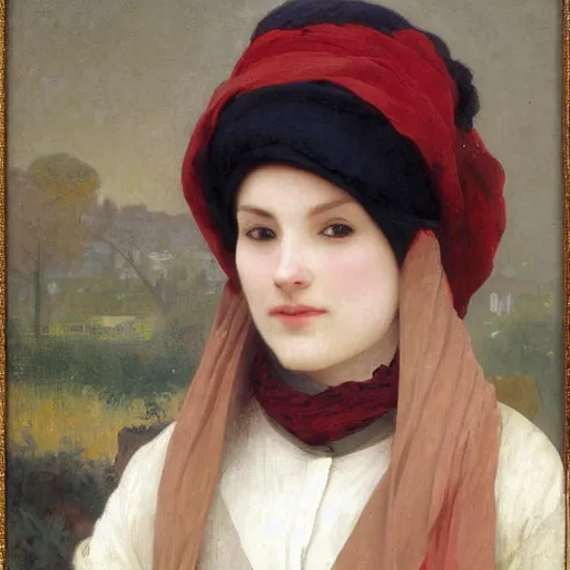 Image similar to A portrait of a fox wearing a scarf and a boater hat by Robert Cleminson and William-Adolph Bouguereau, painting of a fox in a hat