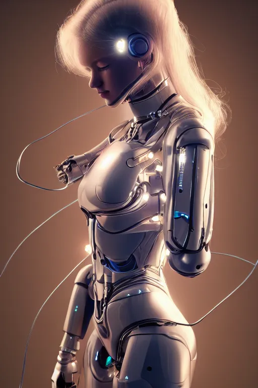 Image similar to a beautiful woman with blonde hair wearing robot suit with wires and light, highly detailed, photorealistic, artstation, smooth