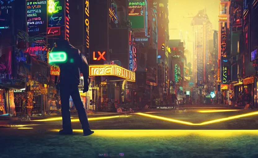 Image similar to you are looking for a giant of 1 km of hight walking on the small city, tron, close up bokeh hiperrealistic neon glow darkness dramatic neon, sharp focus, octane render, imax