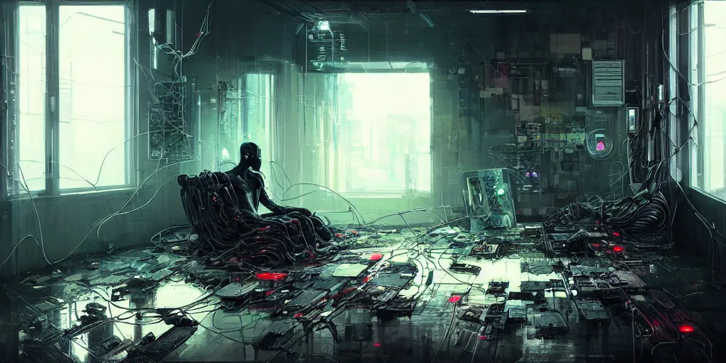 Prompt: a cyborg sitting on the floor, inside an old apartment, cybernetic parts and wires and cables scattered across the floor, dystopian aesthetics, cyberpunk, detailed oil painting, misty, ethereal, dramatic lighting, ominous, by ilya kuvshinov and ruan jia and jeremy mann