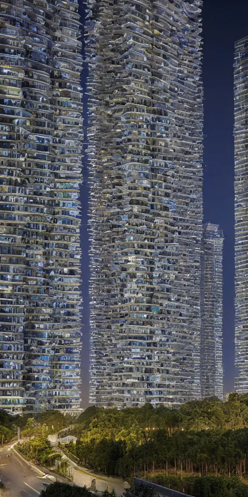 Prompt: elevational photo by Andreas Gursky at night of tall and slender futuristic mixed-use towers emerging out of the ground. Windows are glowing warmly in the polluted air. The towers are covered with trees and ferns growing from floors and balconies. The towers are bundled very close together and stand straight and tall. The towers have 100 floors with deep balconies and hanging plants. Cinematic composition, volumetric lighting, dark orange night sky, architectural photography, 8k, megascans, vray.