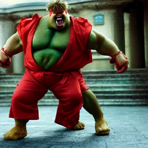Image similar to Chris Farley as Blanka from Street Fighter ,photography, action shot