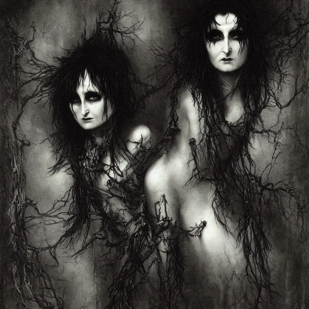 Image similar to siouxsie sioux, creepy atmosphere, dark, portrait, realistic, very realistic, illustration by gustave dore