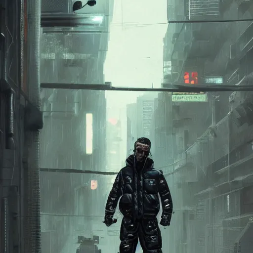 Prompt: A broad shouldered, muscular man wearing Acronym p-31 Ds pants and J1W-GTPL jacket and Nike Acronym presto sneakers, Police sirens shining in far background, trending on r/techwearclothing, high quality, digital art, dirty cyberpunk city, rain, greg rutkowski