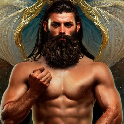 Image similar to portrait of a heavenly god, male, masculine, beard, full body, muscular, fantasy, intricate, elegant, dramatic lighting, highly detailed, digital painting, artstation, concept art, matte, sharp focus, illustration, art by artgerm and greg rutkowski and alphonse mucha