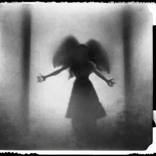 Prompt: an ancient evil-girl devouring the human souls on a mysterious abandoned School , mist, 1910 polaroid photography, grainy film, Black and white