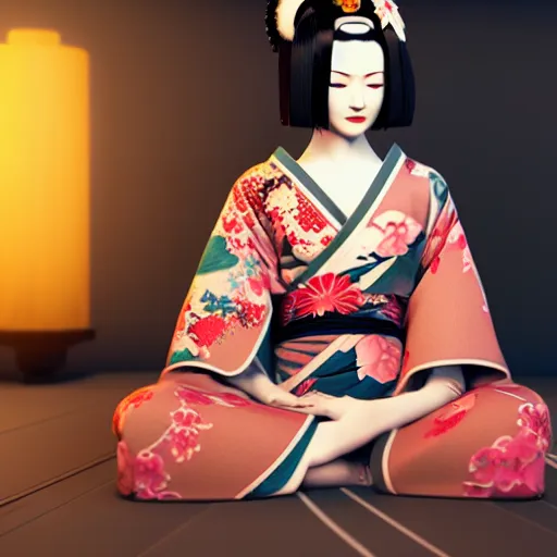 Image similar to an android geisha in a lotus position wearing a flowing kimono and tattoos, octane render, unreal engine, 8 k, cinematic, artwork by ilya kuvshinov