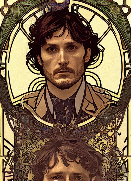 Image similar to Will Graham from NBCs Hannibal in portrait Alphonse Mucha art nouveau style, brutal, epic, intricate, elegant, highly detailed, digital painting, 4k, HDR, concept art, smooth, sharp focus, illustration, art by alphonse mucha,artgerm, H R Giger