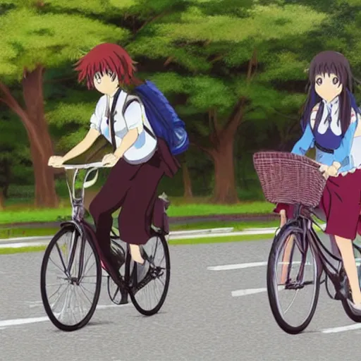 Image similar to Two Japanese high school girls going home on a bicycle, by Kyoto Animation