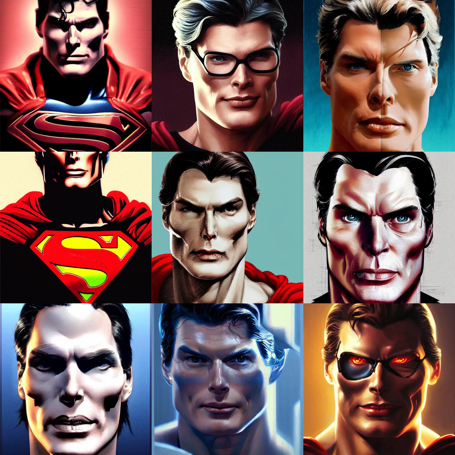 Prompt: Christopher reeve!!! terminator t-800 damaged face exposed skull, superman costume, realistic shaded perfect face, fine details. not anime. Realistic shaded lighting poster by Ilya Kuvshinov katsuhiro, magali villeneuve, artgerm, Jeremy Lipkin and Michael Garmash, Rob Rey and Kentarõ Miura style, trending on art station