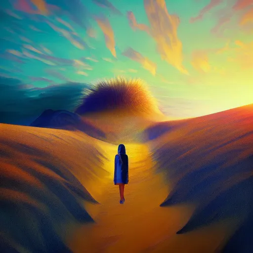 Image similar to portrait, giant dahlia flower head, girl walking between dunes, surreal photography, sunrise, blue sky, dramatic light, impressionist painting, digital painting, artstation, simon stalenhag