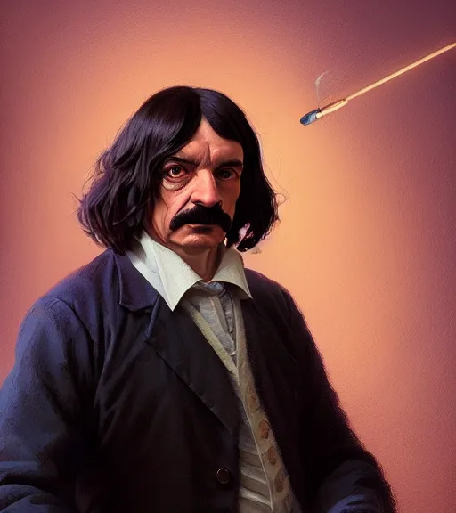 Image similar to Highly detailed portrait of Descartes in GTA V, Stephen Bliss, unreal engine, fantasy art by Greg Rutkowski, Loish, Rhads, ferdinand knab, Makoto Shinkai and Lois van baarle, ilya kuvshinov, rossdraws, Tom Bagshaw, global illumination, radiant light, detailed and intricate environment