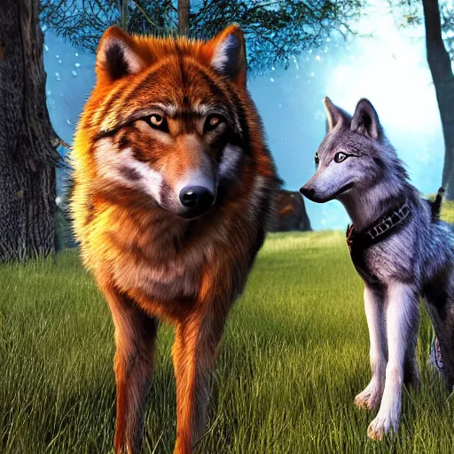 Prompt: 4 k, hyperealistic photograph of nightwolf standing while petting a wolf and staring into the camera