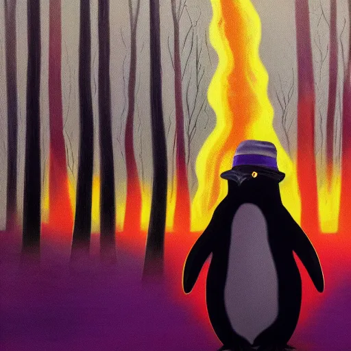 Prompt: penguin with a hat is looking at a burning forest which is sadly beautiful, dystopian cinematic painting, k high detail, with radioactive rain and purple lightnings