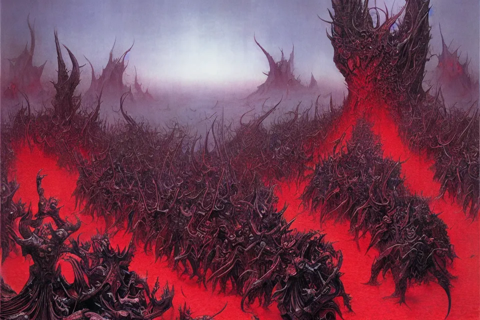 Prompt: the sea of blood, the devil, the world of chaos. wayne barlowe.