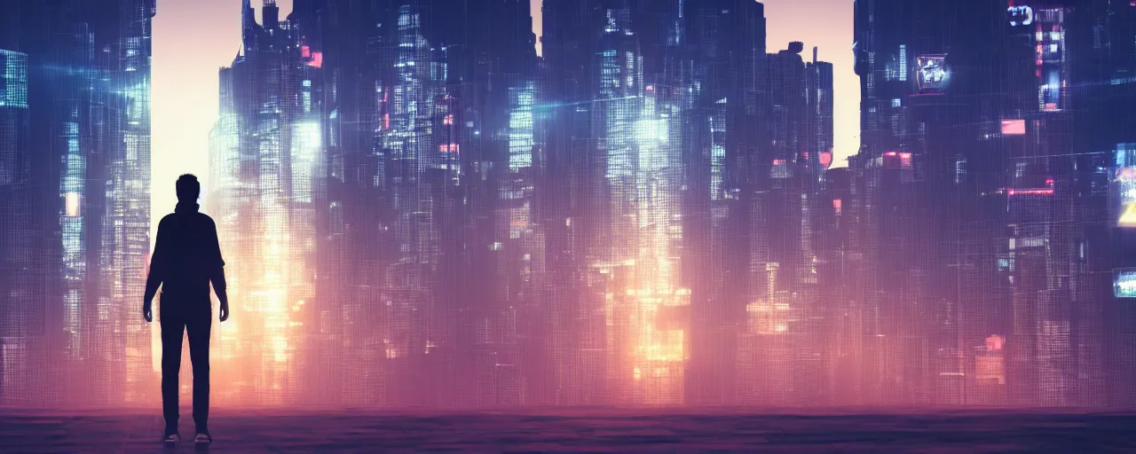 Prompt: a solo figure standing in front of a giant skyscraper, digital art, volumetric lighting, cyberpunk, synth