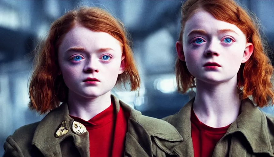 Image similar to sadie sink with military cut hair in oversized man's coat : a still from a scifi soviet cyberpunk film from 1 9 8 0 s. by steven spielberg and james cameron. 6 5 mm low grain film stock. sharp focus, realistic facial expression, perfect anatomy, global illumination, radiant light, detailed and intricate environment, trending on artstation