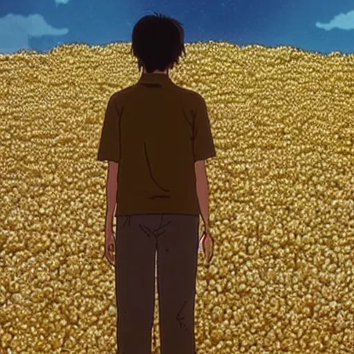 Prompt: man stands on a meadow made of popcorn, studio ghibli
