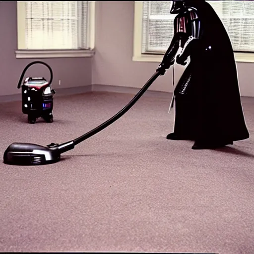 Image similar to a photo of darth vader vacuuming the carpet