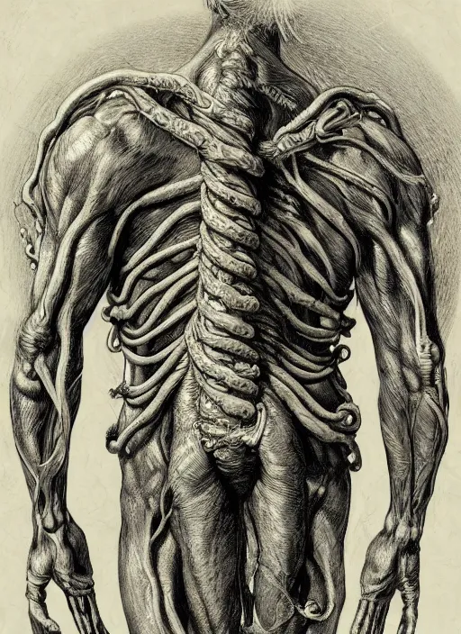 Image similar to an anatomical sketch of a man made from tentacles by Gustave Doré, John Blanche, eldritchpunk, Post processing effects, Occlusion, Medium Shot, Midnight, Dutch Angle, Artstation, Establishing Shot, Detailed, textures and grain, hd, backlit