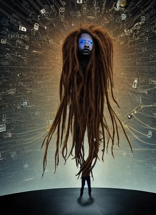 Image similar to man with dreadlocks in a room with many screens of different sizes and styles, his hair is like cables that keep him connected to all the screens and to the interplanetary network. on the screens there are images of him, of cities, planets and glitches, cosmic tech conceptual dystopian art