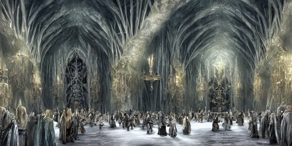 Prompt: The great hall of the mountain king. hyper realistic, lord of the rings