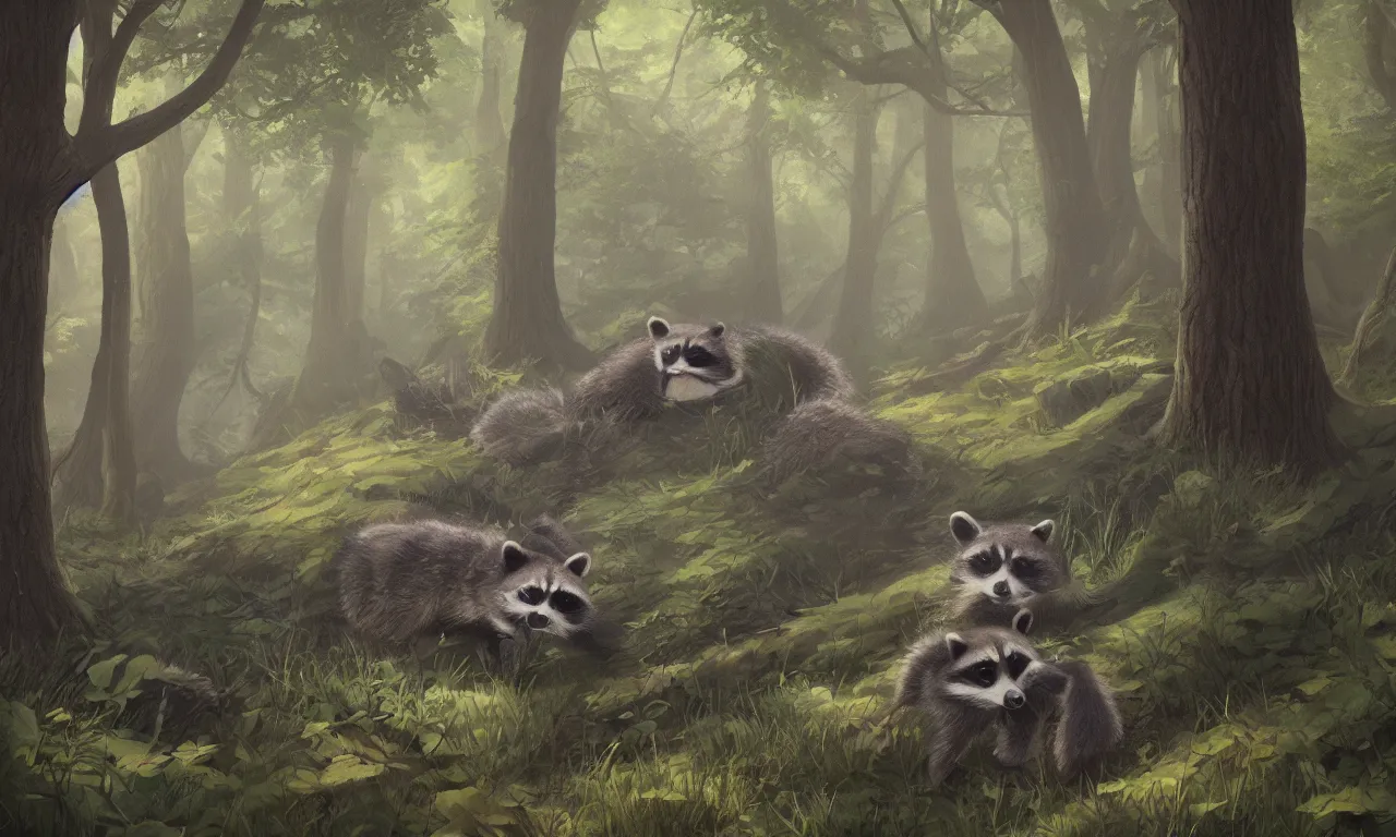 Prompt: raccoon walks in the woods, closeup, trending on artstation, 35mm, by Noah Bradley