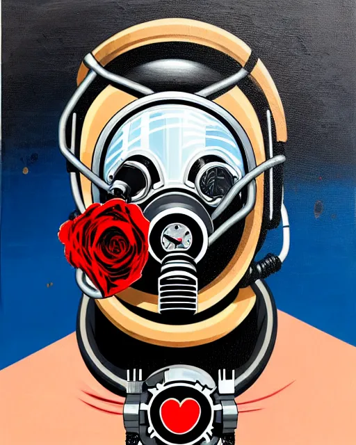 Image similar to portrait of an armoured diver man wearing oxygen mask, has blood, rose, a pistol and a syringe needle with sea background intricate details with horror side profile by Sandra Chevrier