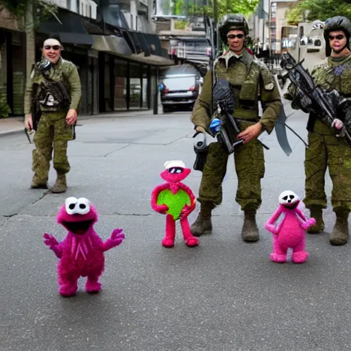 Image similar to muppet puppet special forces in an urban battle field.