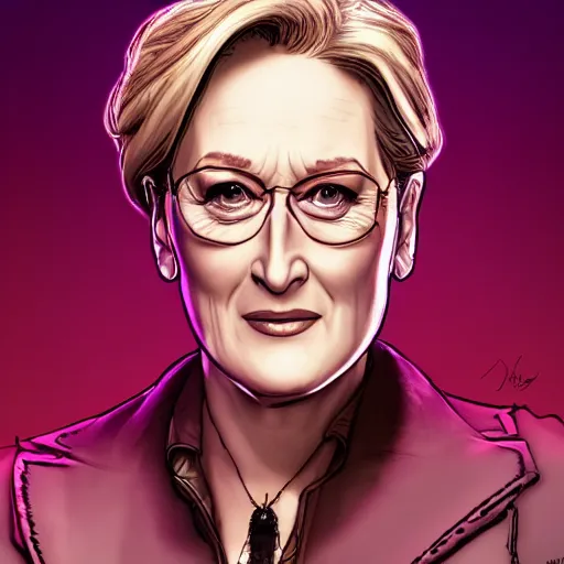 Image similar to meryl streep portrait, borderlands, tales from the borderlands, the wolf among us, comic, cinematic lighting, studio quality, 8 k