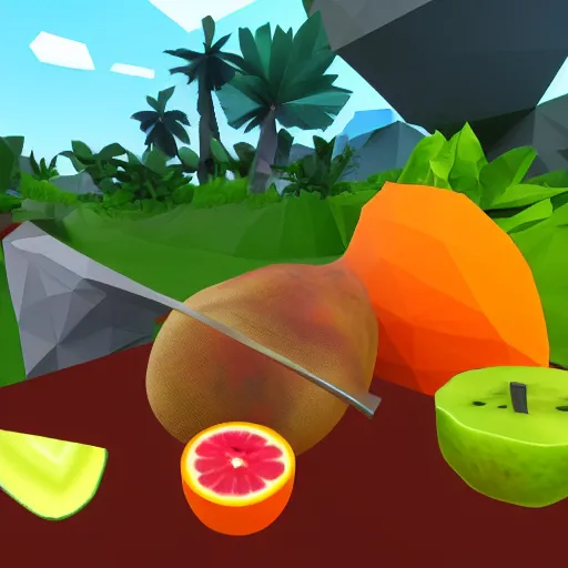 Prompt: vr game, first person, handaxe, axe equipped, variety of fruits on the background, low poly