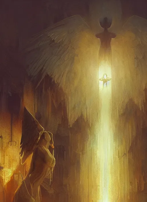 Prompt: a angels in holy light by greg rutkowski and thomas kinkade, Finnian MacManus, Syd Mead, Beksiński, Trending on artstation, yellow scheme, 8k, wide-angle lens